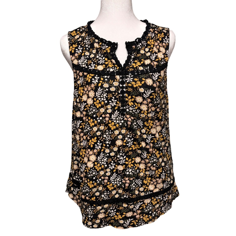 Lucky Brand Ditsy Floral Crochet Trim Sleeveless Top Size M Black Fairy Grunge